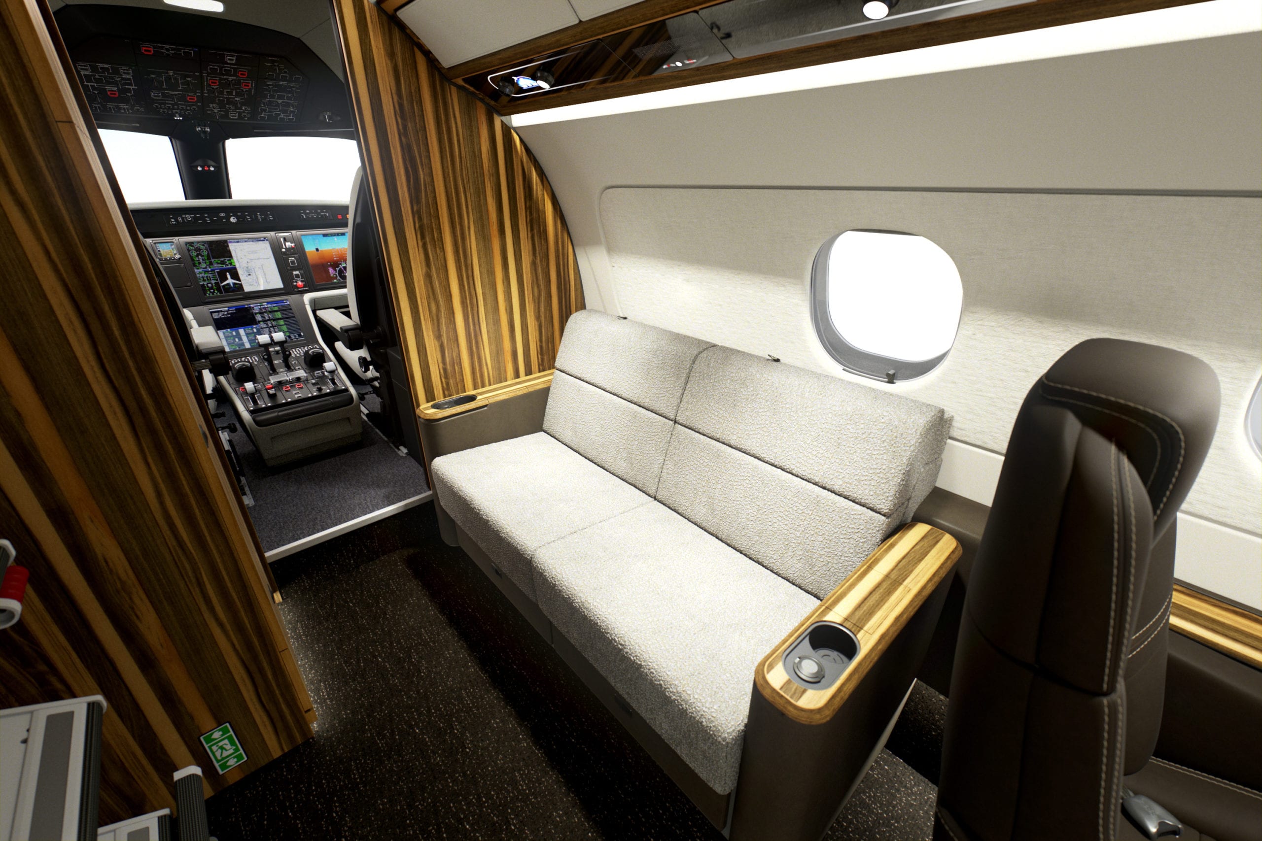 Mojave, private jet, mid cabin, super midsize, Praetor 500, Flexjet, midsize, jet interior, Mojave interior, couch view, cockpit view, LXi Cabin Collection