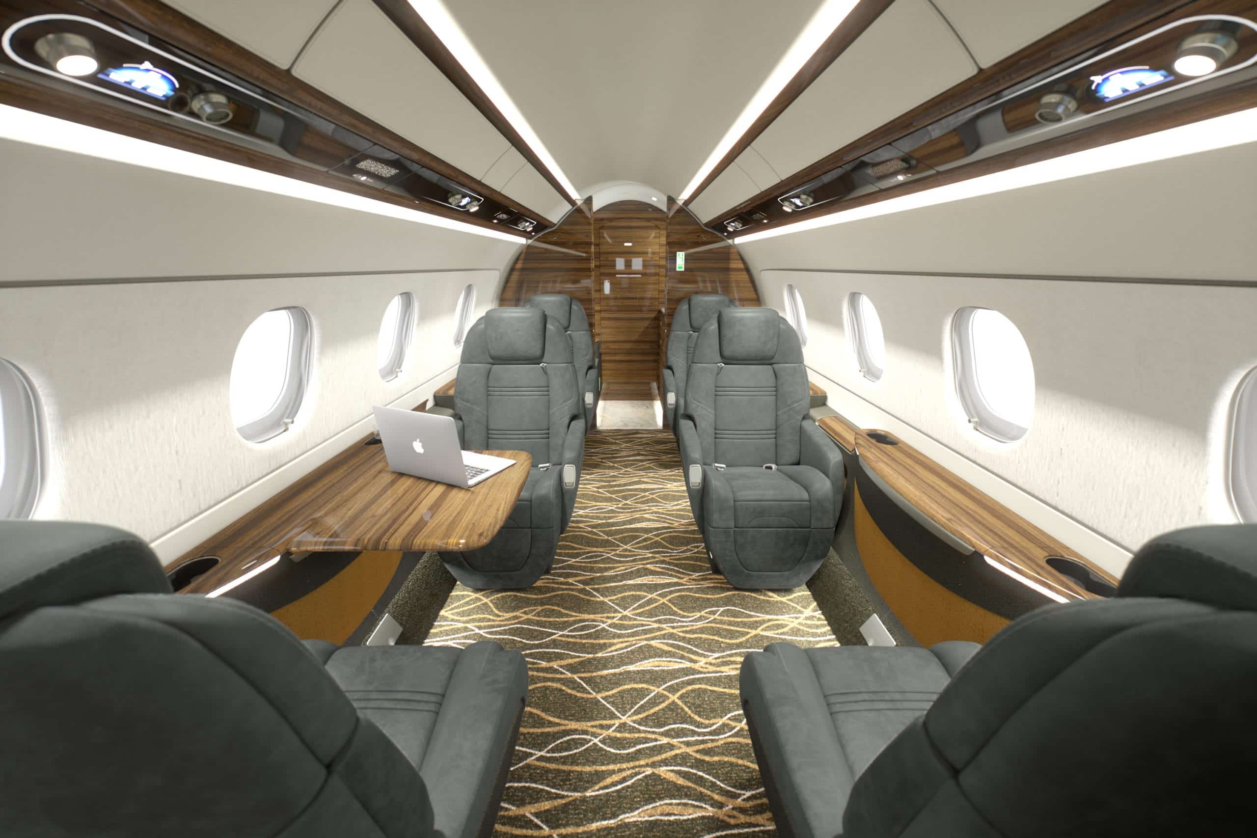 Chestnut, Flexjet, private jet, Praetor 500, jet interior, midsize, super midsize, mid cabin, front cabin view, lxi interior