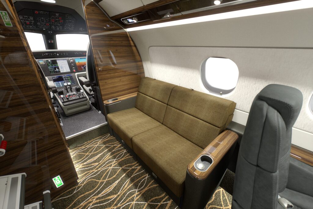 Chestnut, Flexjet, private jet, Praetor 500, jet interior, midsize, super midsize, mid cabin, couch, cockpit, LXi Cabin Collection