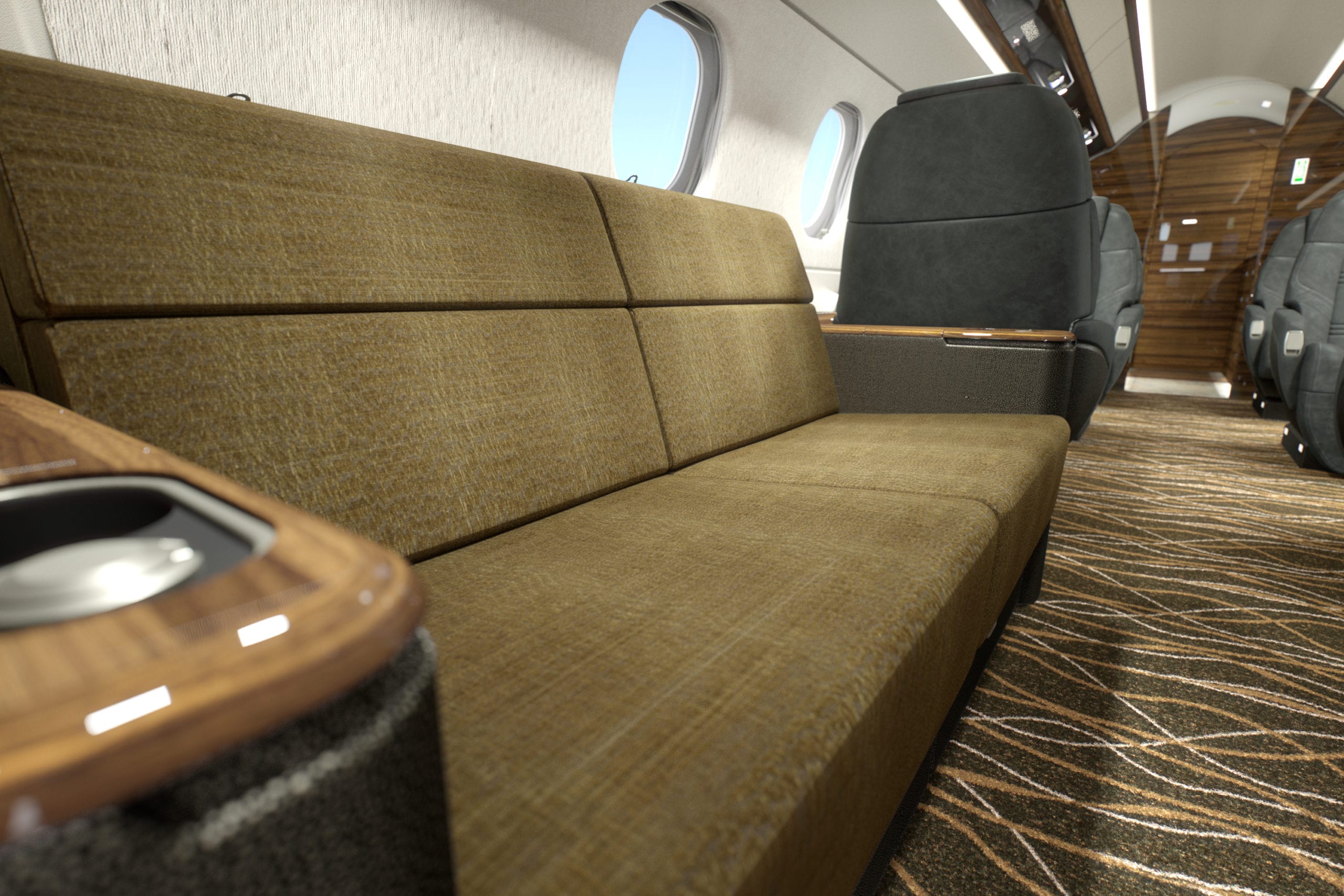 Chestnut, Flexjet, private jet, Praetor 500, jet interior, midsize, super midsize, mid cabin, couch view, backwards view, LXi Cabin Collection