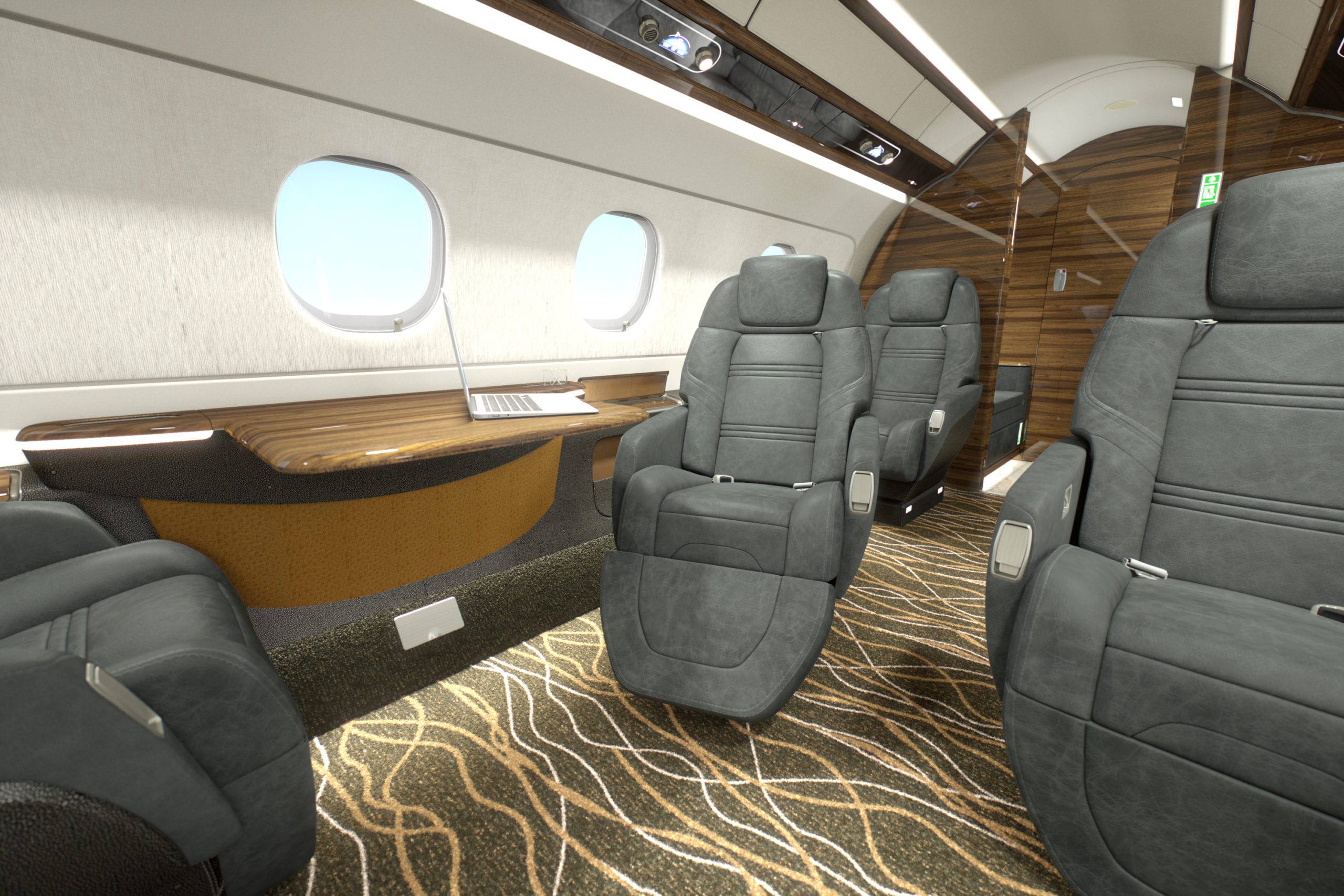 Chestnut, Flexjet, private jet, Praetor 500, jet interior, midsize, super midsize, mid cabin, seating view, mid cabin view, backwards view, LXi Cabin Collection