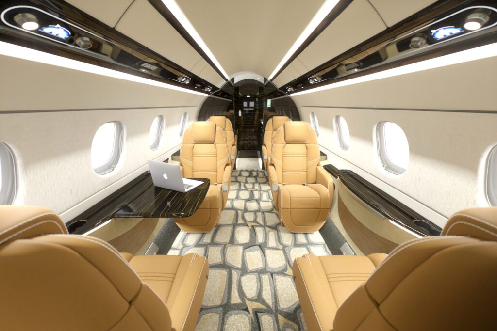 Flexjet, private jet, Praator 500, jet interior, midsize, super midsize, mid cabin, Dakota, LXi Cabin Collection