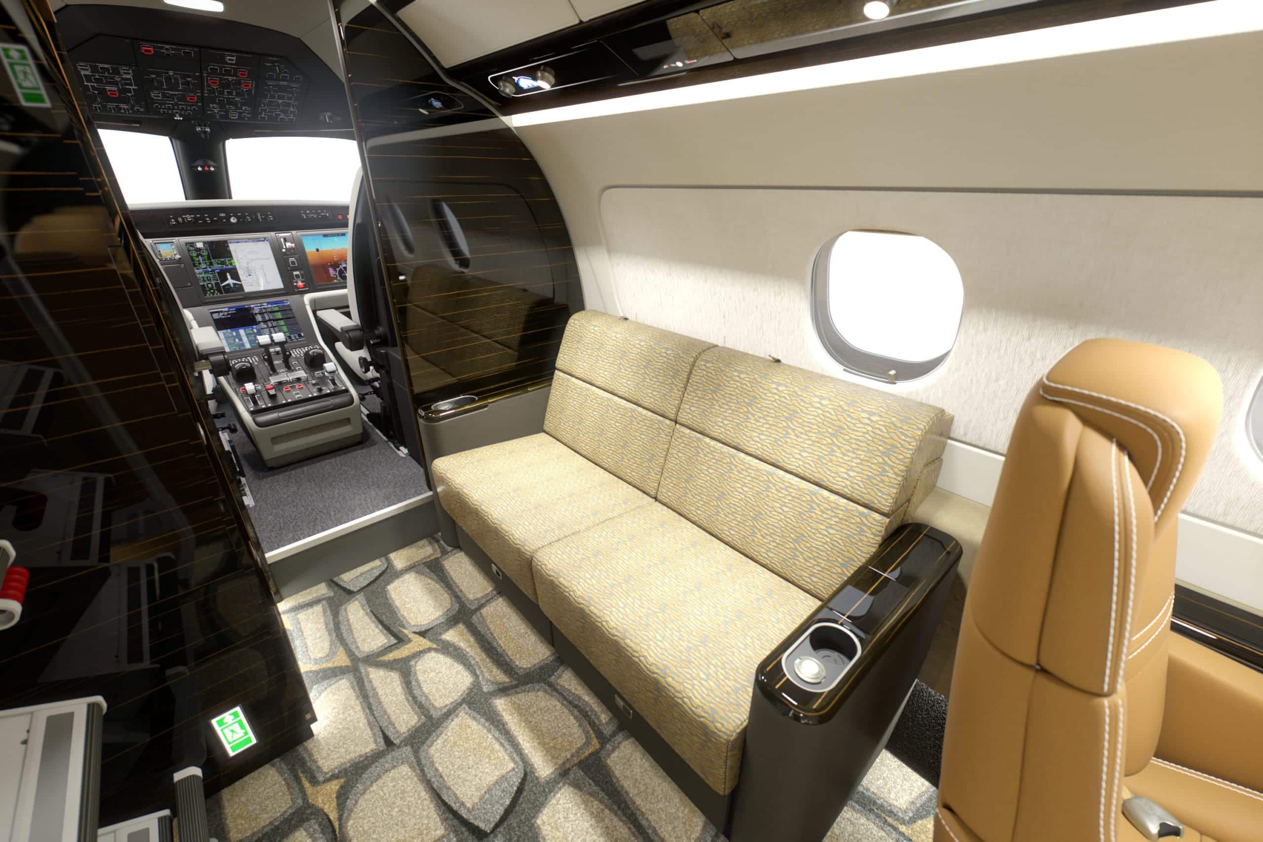 Flexjet, private jet, Praator 500, jet interior, midsize, super midsize, mid cabin, Dakota, cockpit view, Dakota interior, LXi Cabin Collection