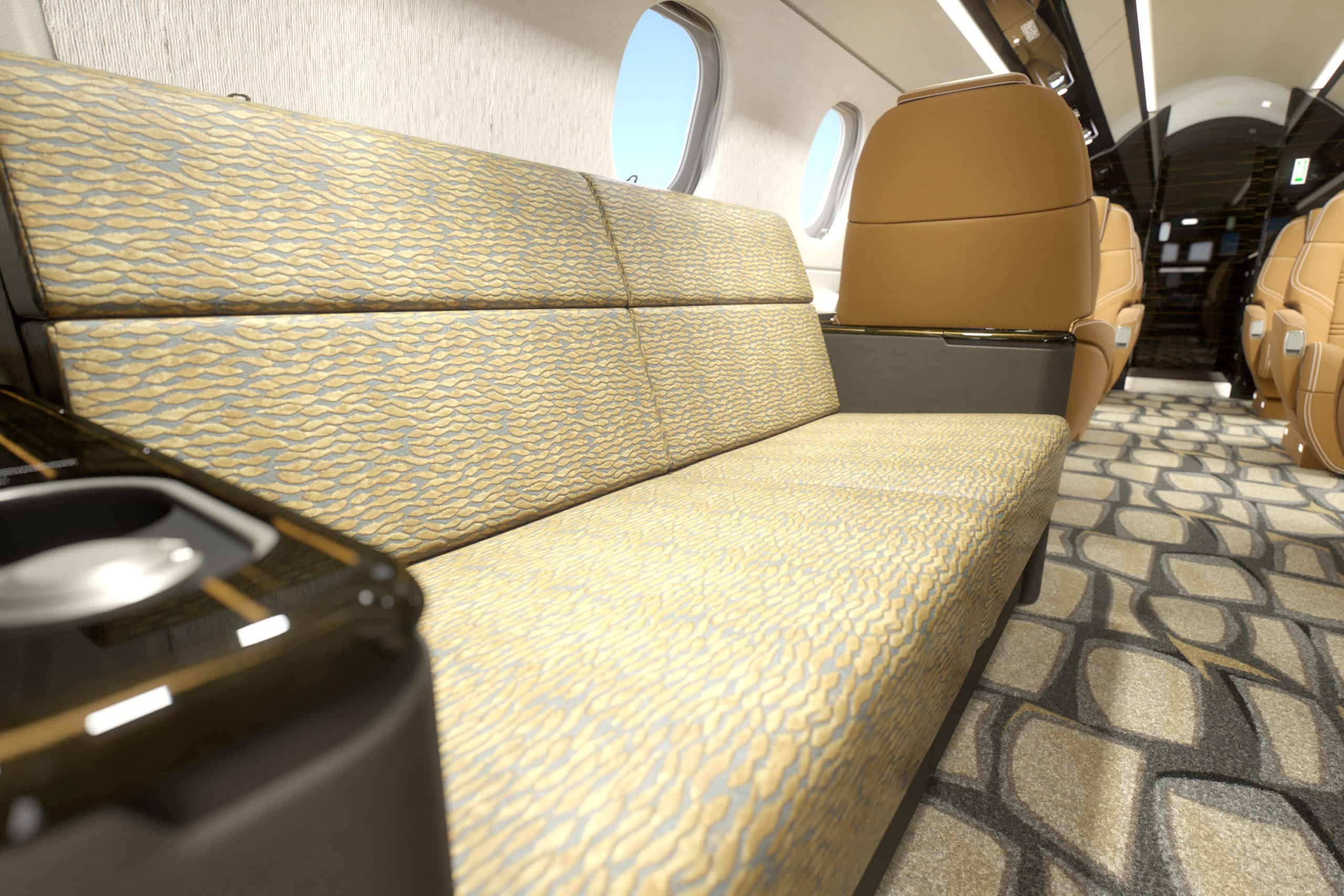Flexjet, private jet, Praator 500, jet interior, midsize, super midsize, mid cabin, Dakota, couch view, LXi Cabin Collection